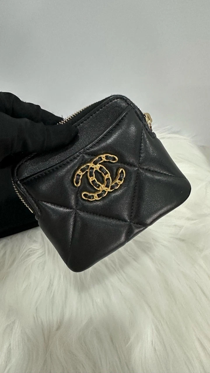 CHANEL 19 Black Gold Quilted Coin Card Holder Wallet Women