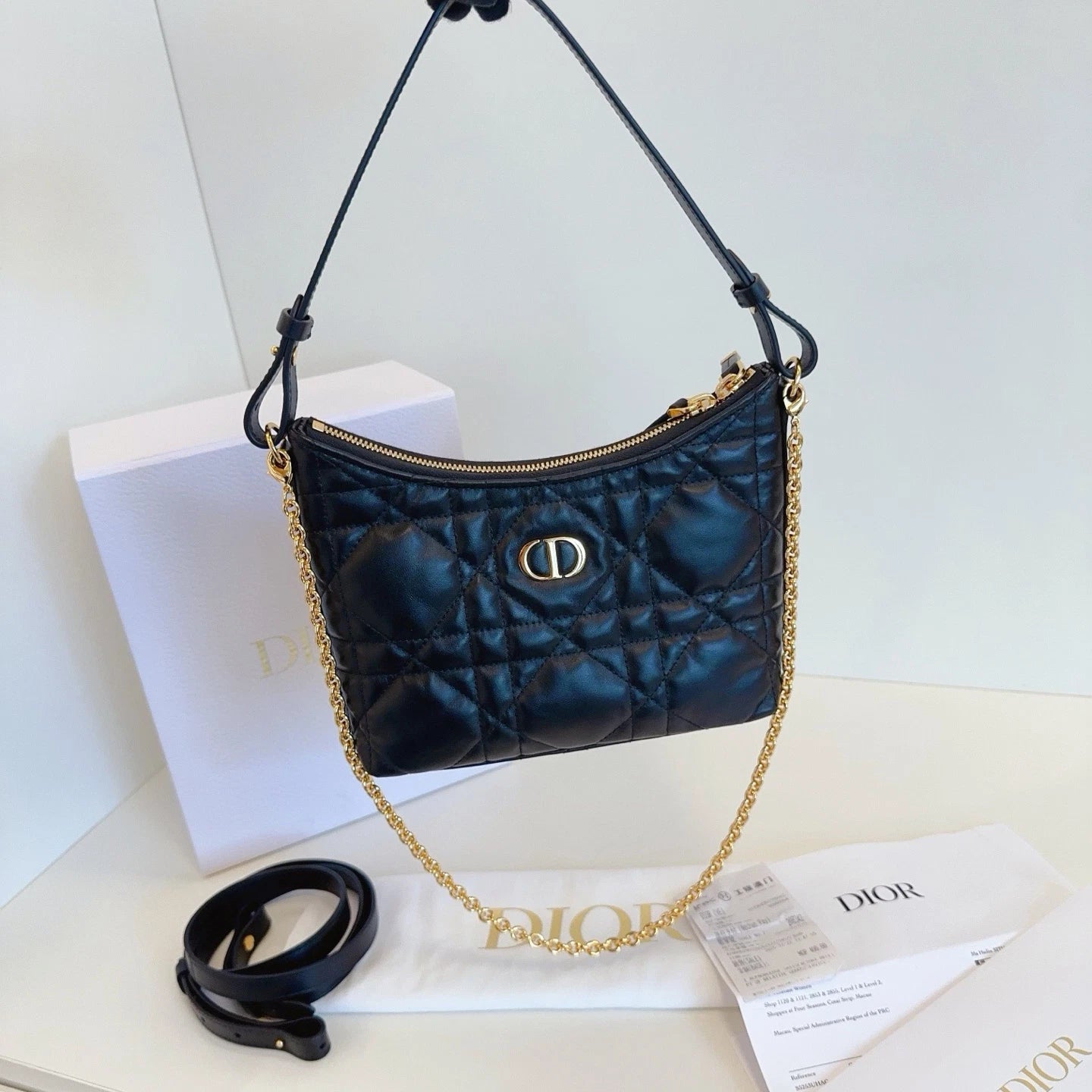 Excellent Christian Dior Miss DIOR Hobo Black Quilted Calfskin Handbag Crossbody