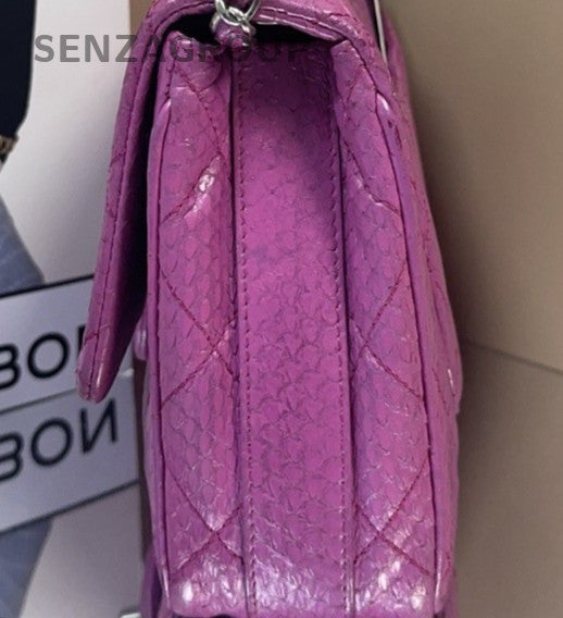 Chanel Classic Flap Snakeskin Chain Top Handle Bag Purple Silver Women Designer