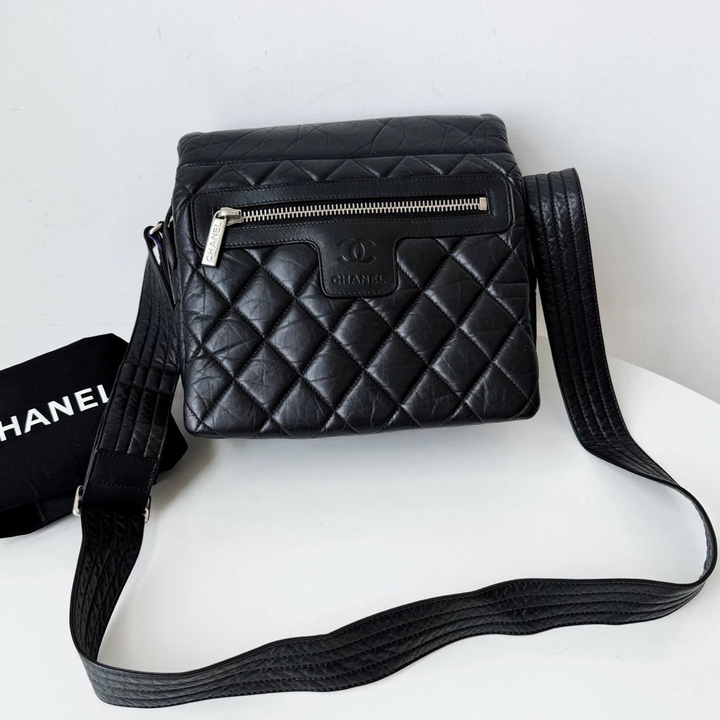 Chanel Coco Lambskin Black Silver Hardware Diamond Messenger Bag Crossbody
