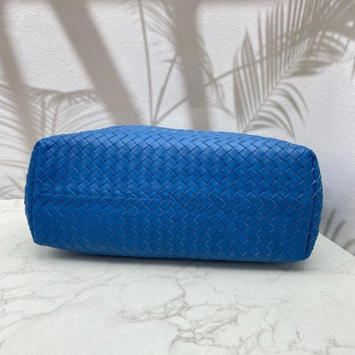Authentic Bottega Veneta Blue Lamskin Woven Shoulder Handbag For Women