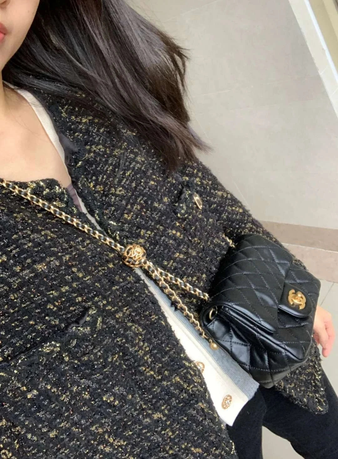 CHANEL Black Lambskin Gold Chain Square Crossbody Bag For Women