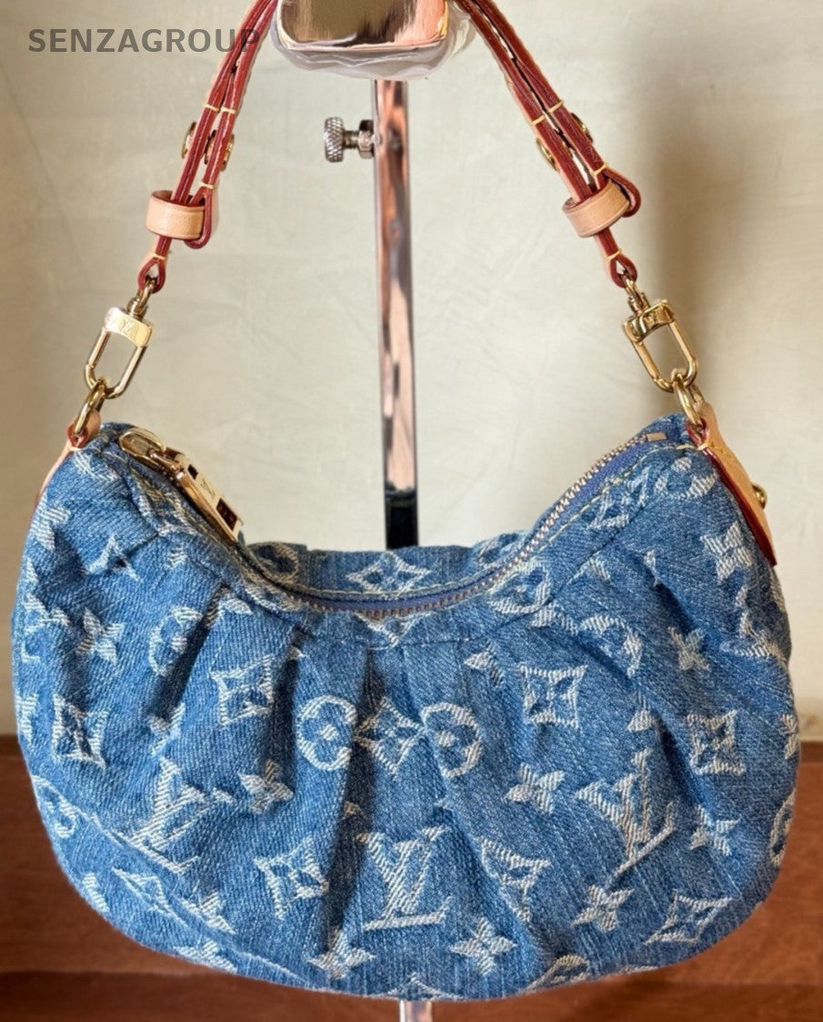 Louis Vuitton Monogram Shoulder Bag Blue Gold Zip Closure Women Classic
