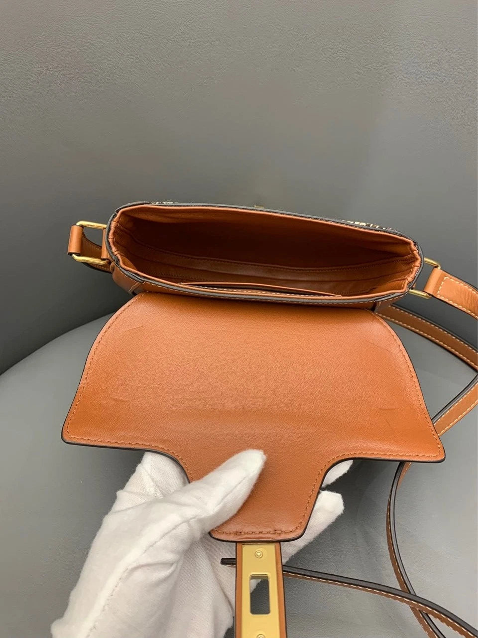 CELINE Besace PM Saddle Bag Brown Fabric Leather Crossbody Bag For Women