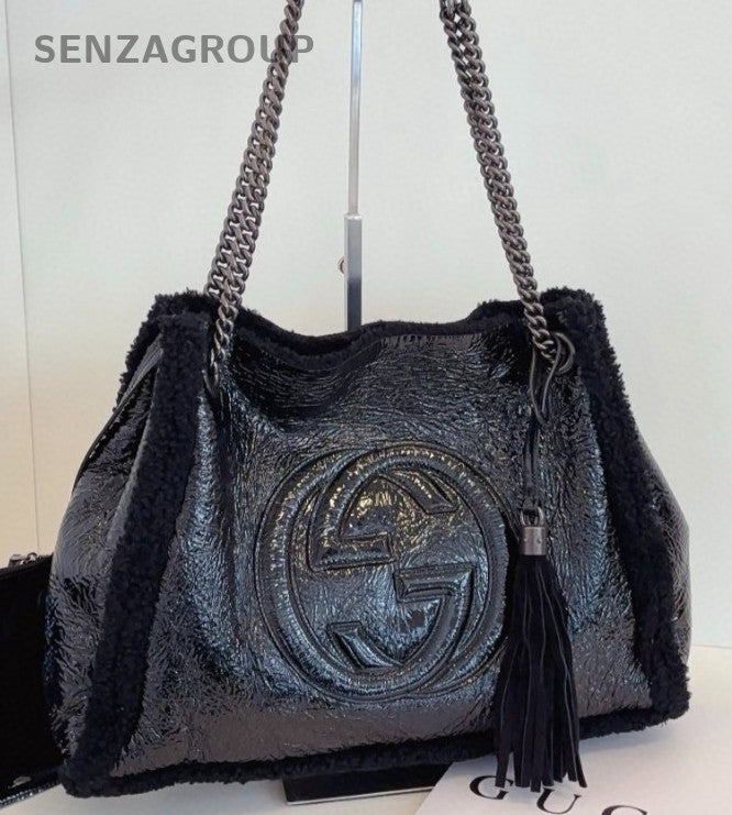 Gucci Soho Tote Chain Lambskin Shoulder Bag Black Silver Women Classic Fashion