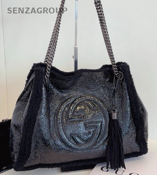 Gucci Soho Tote Chain Lambskin Shoulder Bag Black Silver Women Classic Fashion