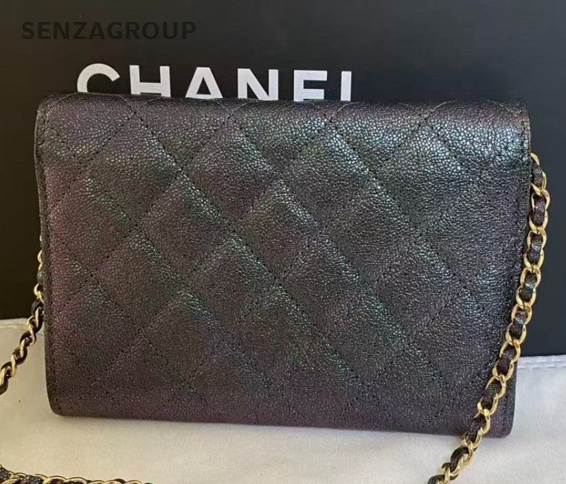 Chanel WOC Diamond Chain Shoulder Bag Black Gold Women Classic