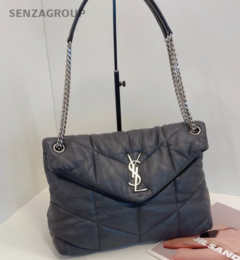 Saint Laurent LouLou Purffer GM Chain Shoulder Bag Gray Silver Women Classic