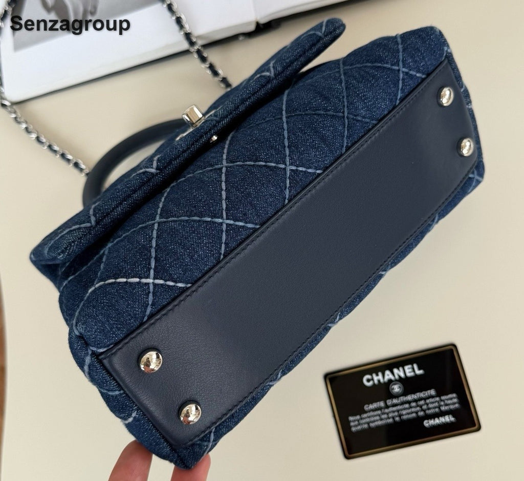 Chanel Coco Handle Denim Chain Top Handle Crossbody Blue Silver Women Diamond