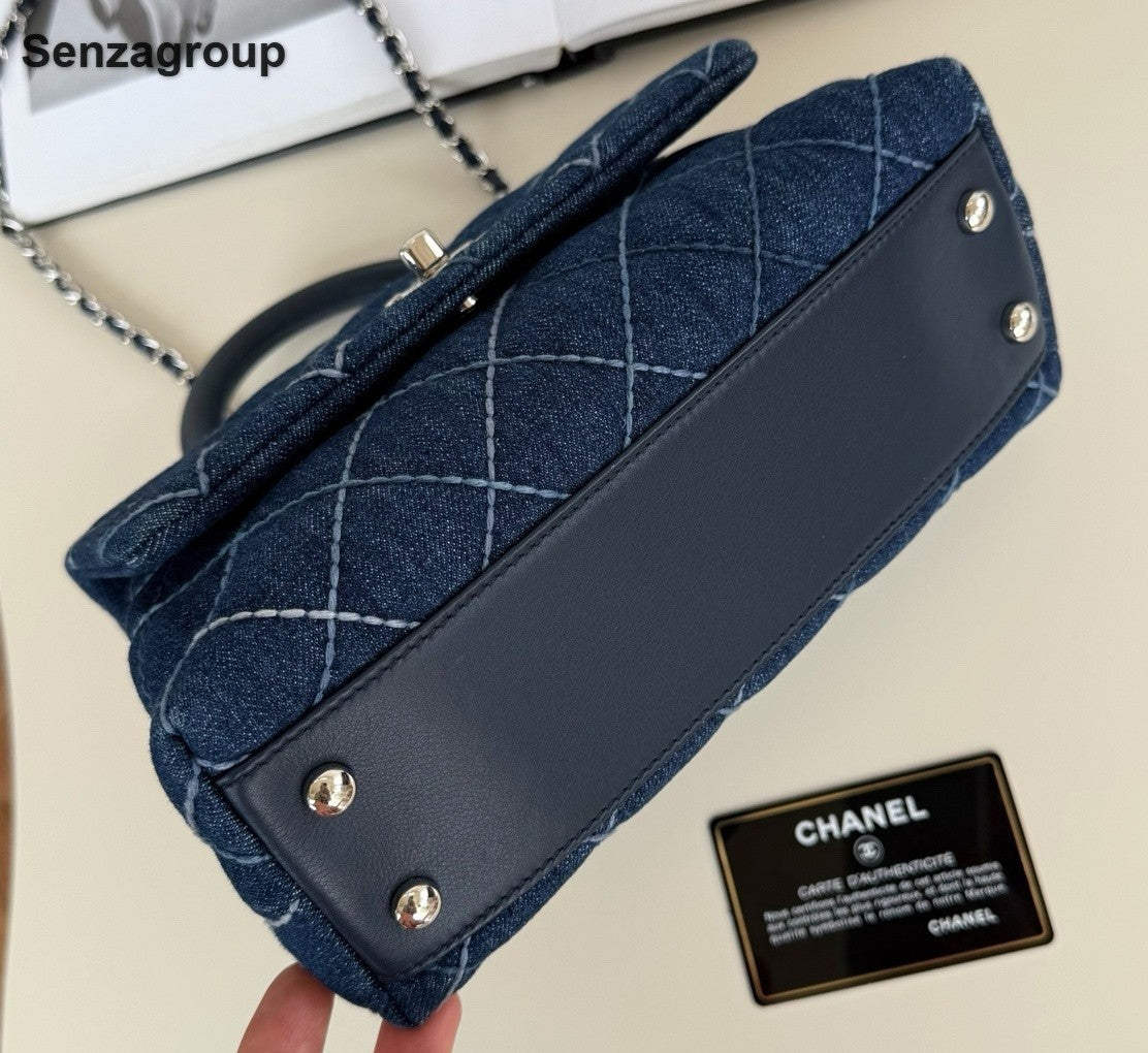 Chanel Coco Handle Denim Chain Top Handle Crossbody Blue Silver Women Diamond