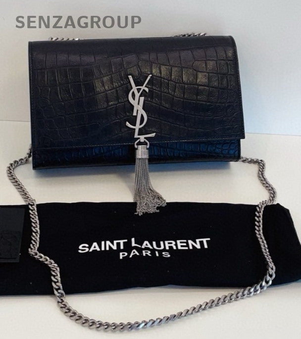 YSL Saint Laurent Kate MM Alligator pattern Chain Shoulder bag Black Silver