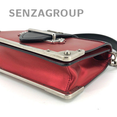 Prada Cahier Red Silver Buckle Leather Chain Crossbody Bag Classic Women