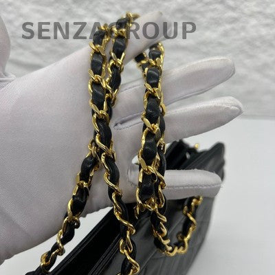 Vintage Chanel Small Lambskin Quilted Tote Chain Shoulder Bag Black Gold