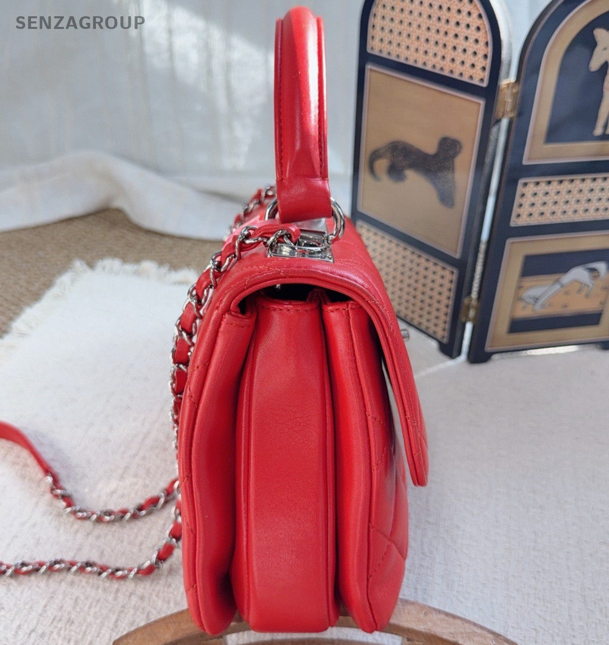 Chanel Trendy CC Chain Shoulder Bag Top Handle Bag Red Silver Women Classic