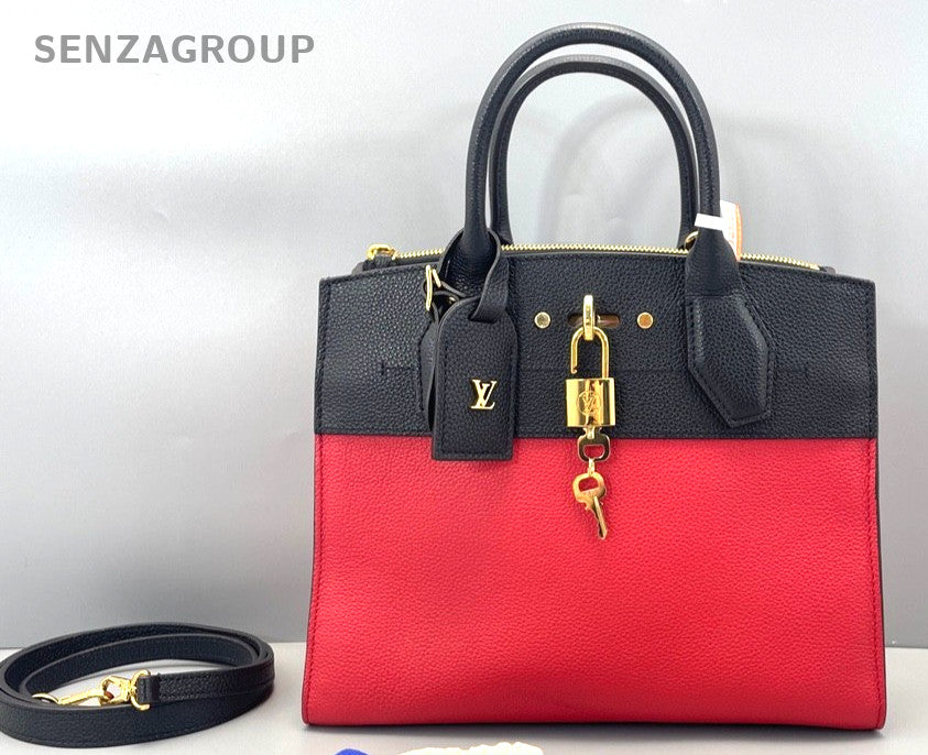 Louis Vuitton City PM Calfskin Top Handle Black Red 2way Handbag Women