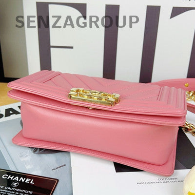 Chanel Le Boy Chevron Quilted Chain Shoulder Bag Pink Gold
