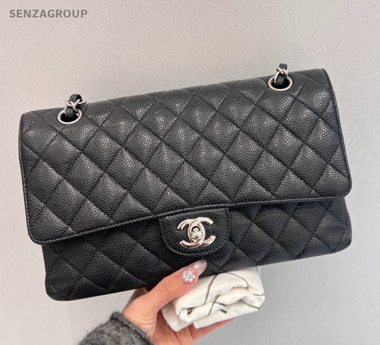 Chanel Classic Flap Calfskin MM Chain Shoulder Bag Black Silver Women Fashion
