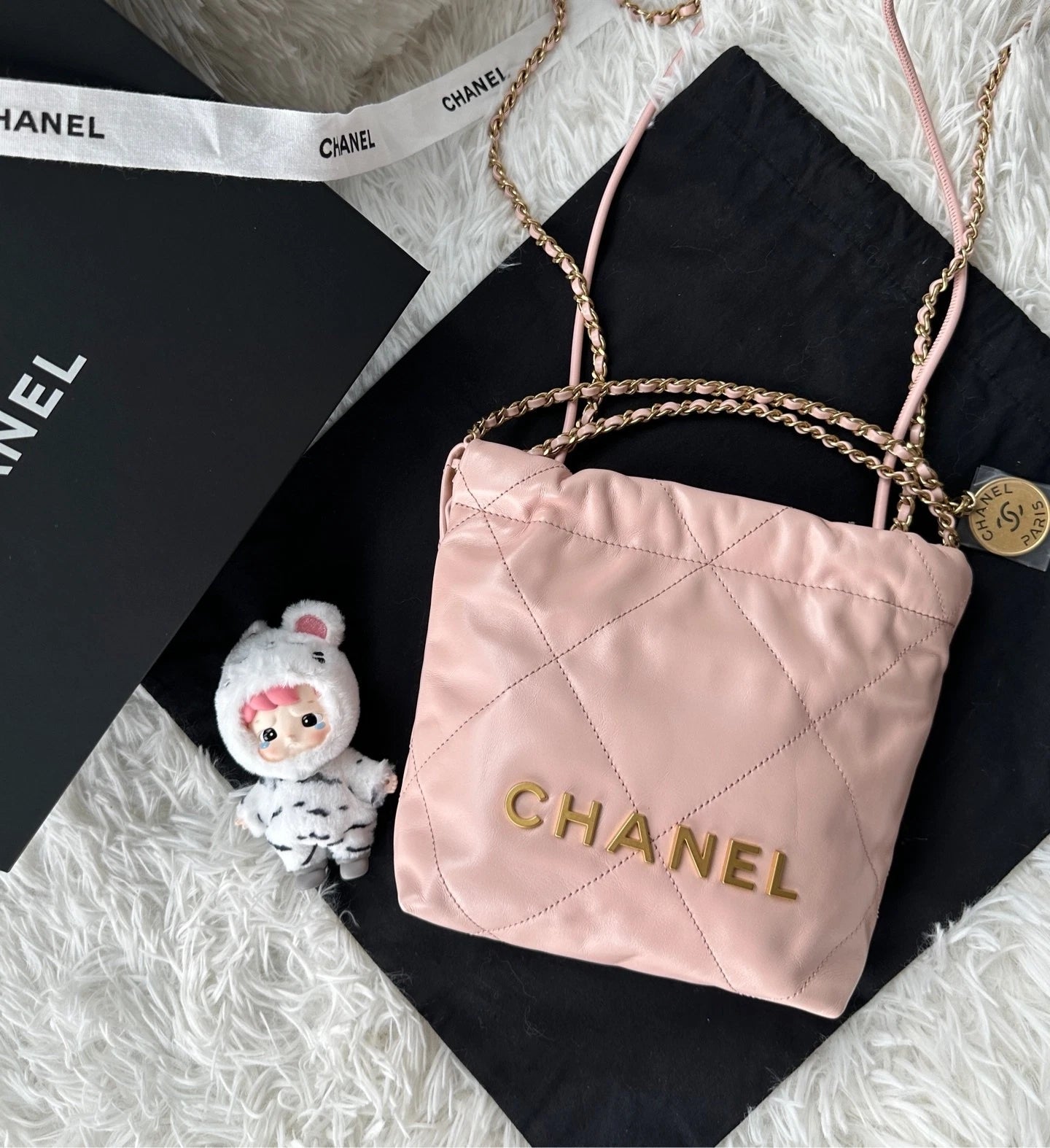 CHANEL 22bag Mini Light Pink Leather Shoulder Crossbody Women