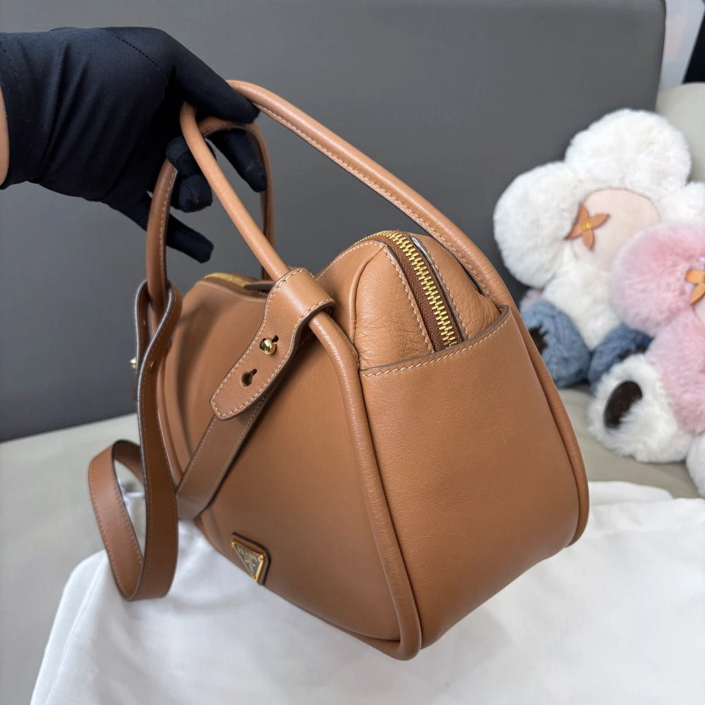 Prada Darling Calfskin 2Way Top Handle Crossbody Brown Gold Women Classic