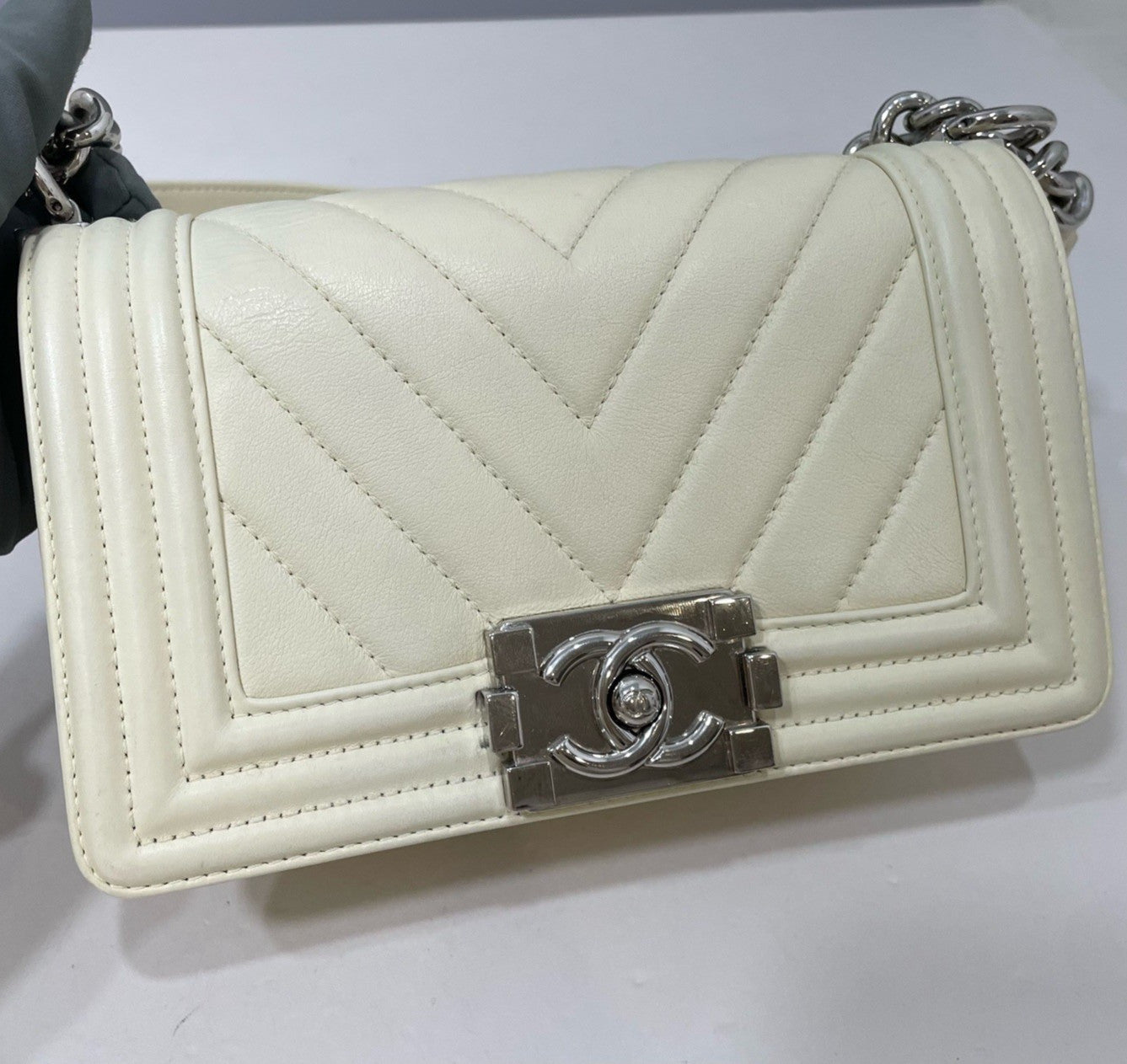 Chanel Leboy PM Chain Shoulder Bag White Silver Women Classic Fashion