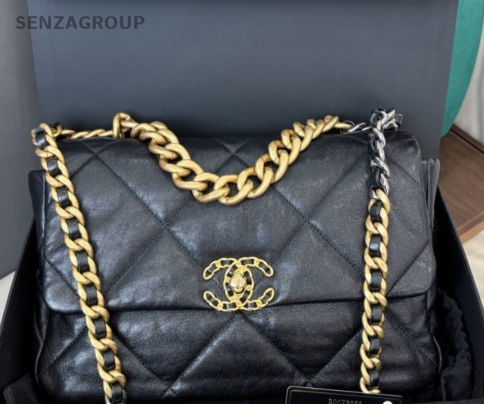Chanel 19Bag MM Chain Shoulder Bag Crossbody Black Gold Women Classic Fashion