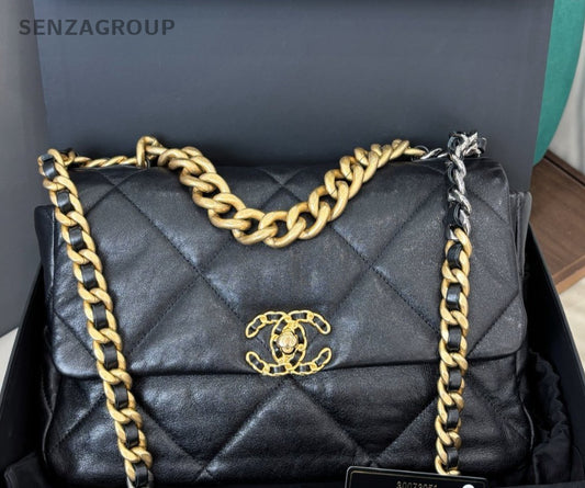Chanel 19Bag MM Chain Shoulder Bag Crossbody Black Gold Women Classic Fashion