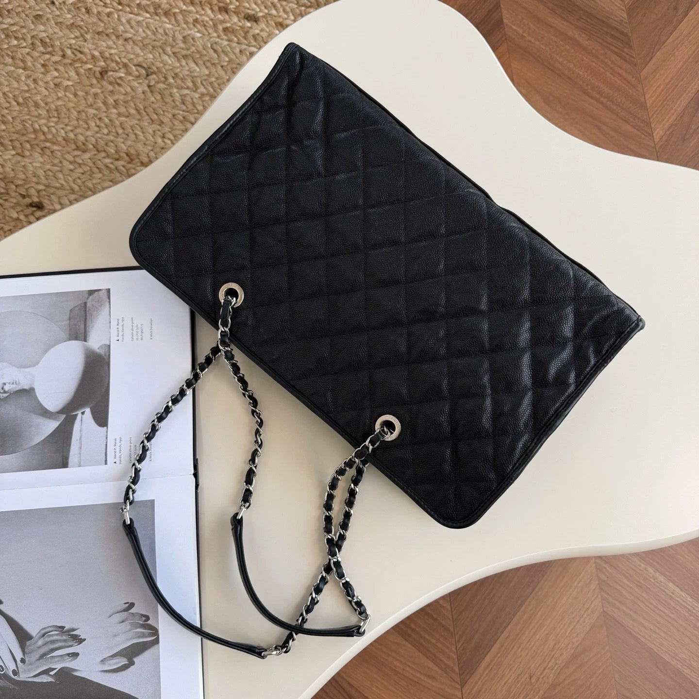 Chanel Calfskin Tote Chain Shoulder Bag Black Silver Diamond Women Classic
