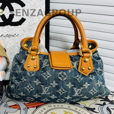 Louis Vuitton Vintage Denim Blue Gold Handbag Shoulder Bag Classic Women