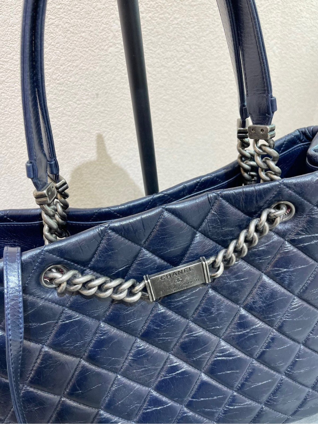 CHANEL Combom Diamond pattern Double Handle Shoulder Handbag Women Blue Silver