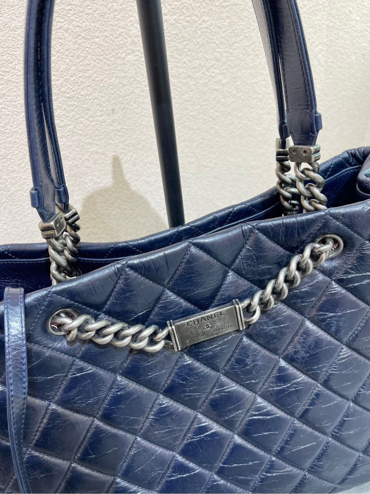 CHANEL Combom Diamond pattern Double Handle Shoulder Handbag Women Blue Silver