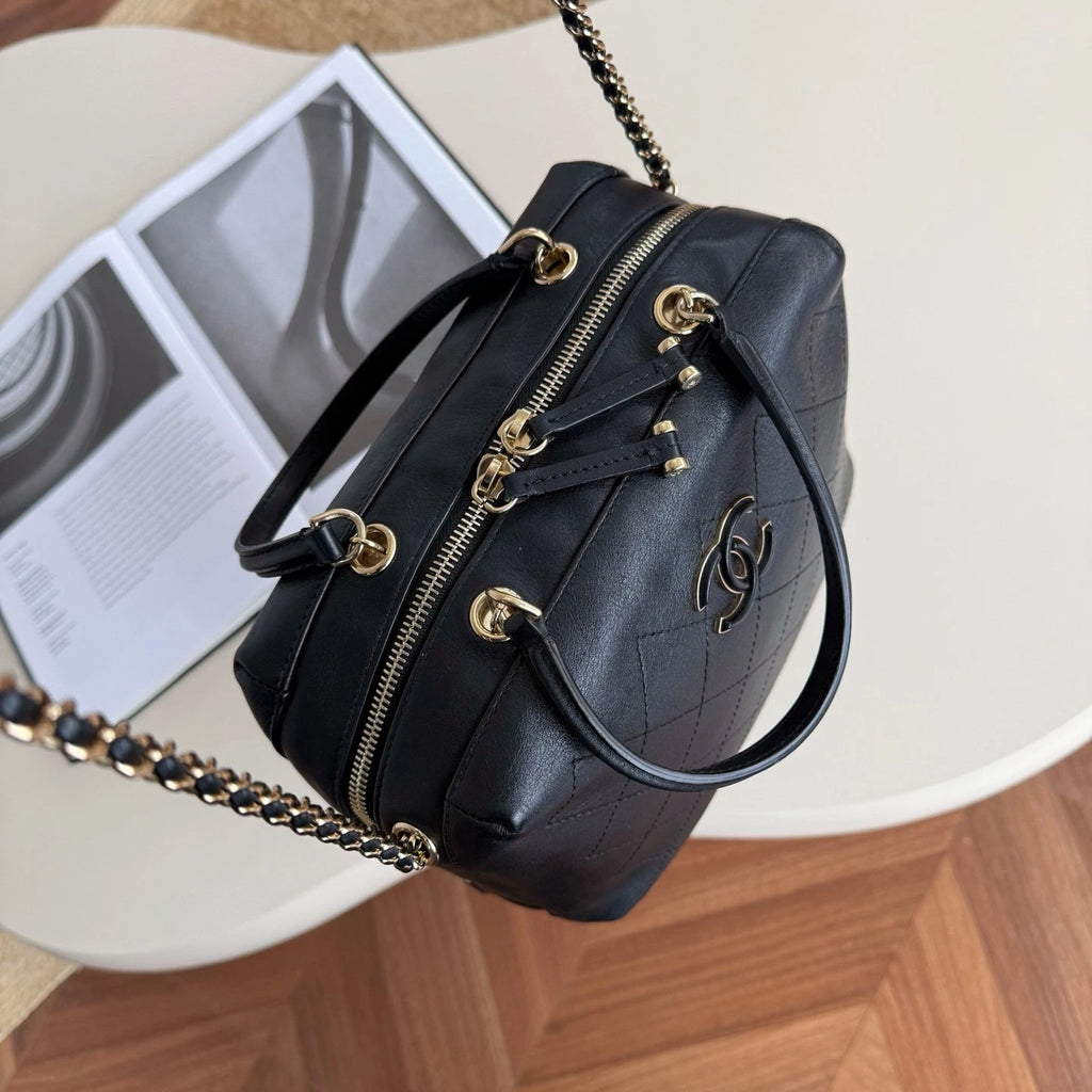 Chanel Bowling Calfskin Top Handle Chain Crossbody Black Gold Classic Women