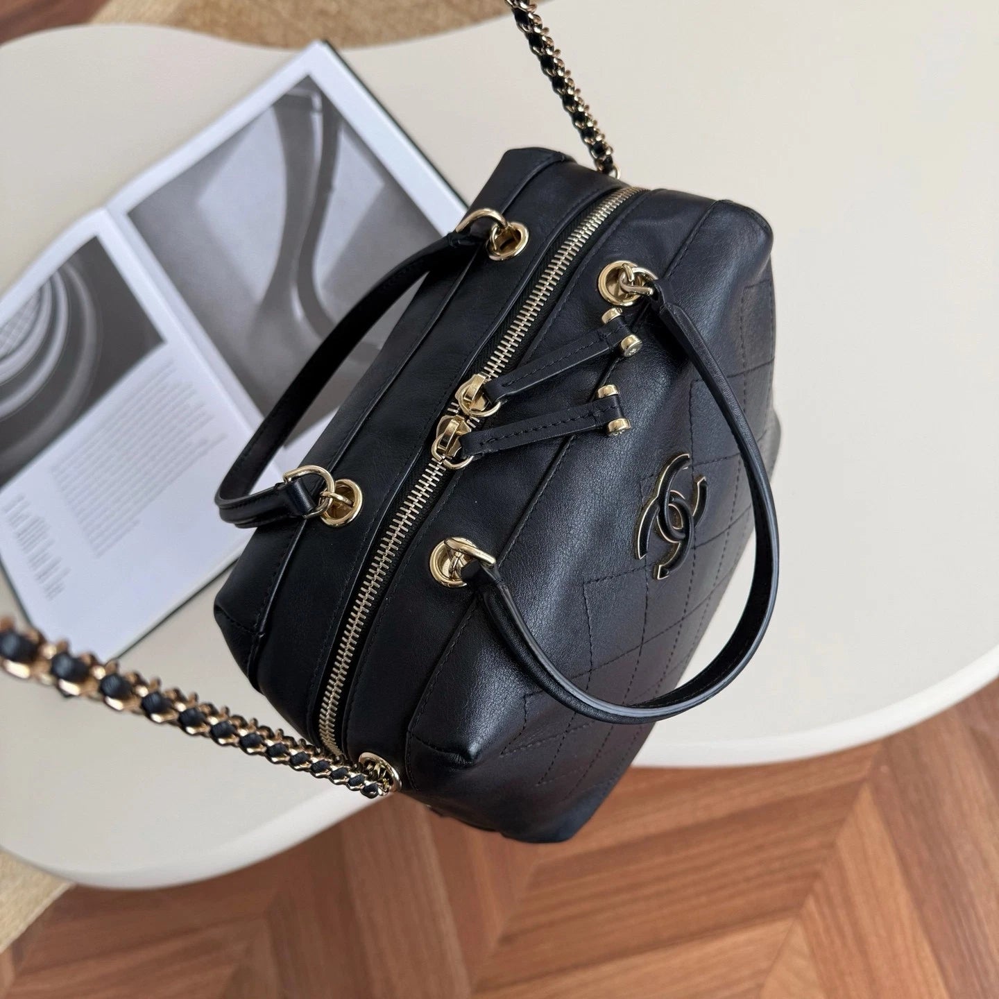 Chanel Bowling Calfskin Top Handle Chain Crossbody Black Gold Classic Women