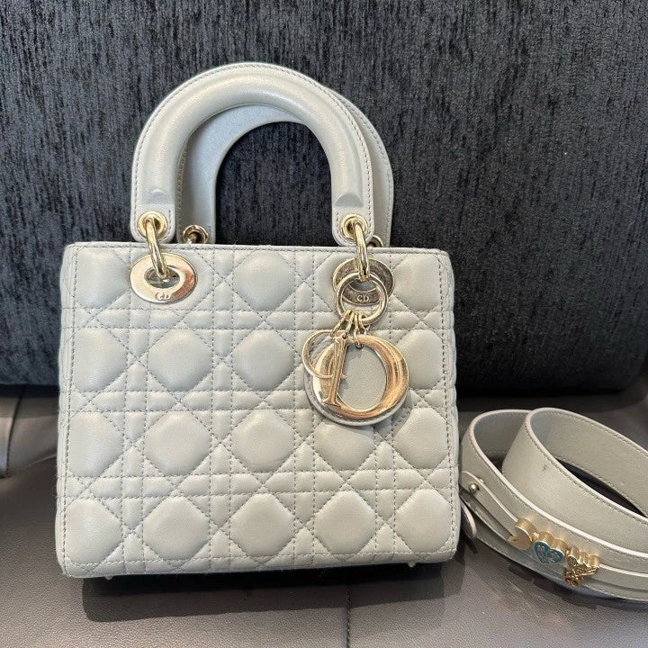 Dior Lady Dior Gold Gray Crossbody Top Handle Excellent