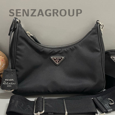 Prada Black Nylon Zip Shoulder Bag Silver Hardware Classic Women's