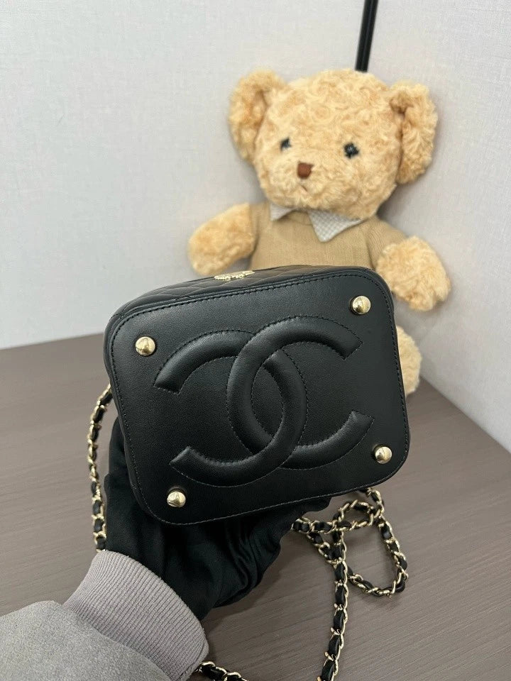 Chanel Black Gold Leather Box Crossbody Bag For Women