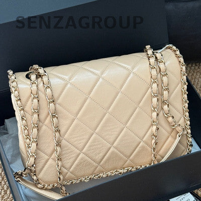 Chanel Classic Flap Beige Gold Hardware Quilted Chain Shoulder Bag