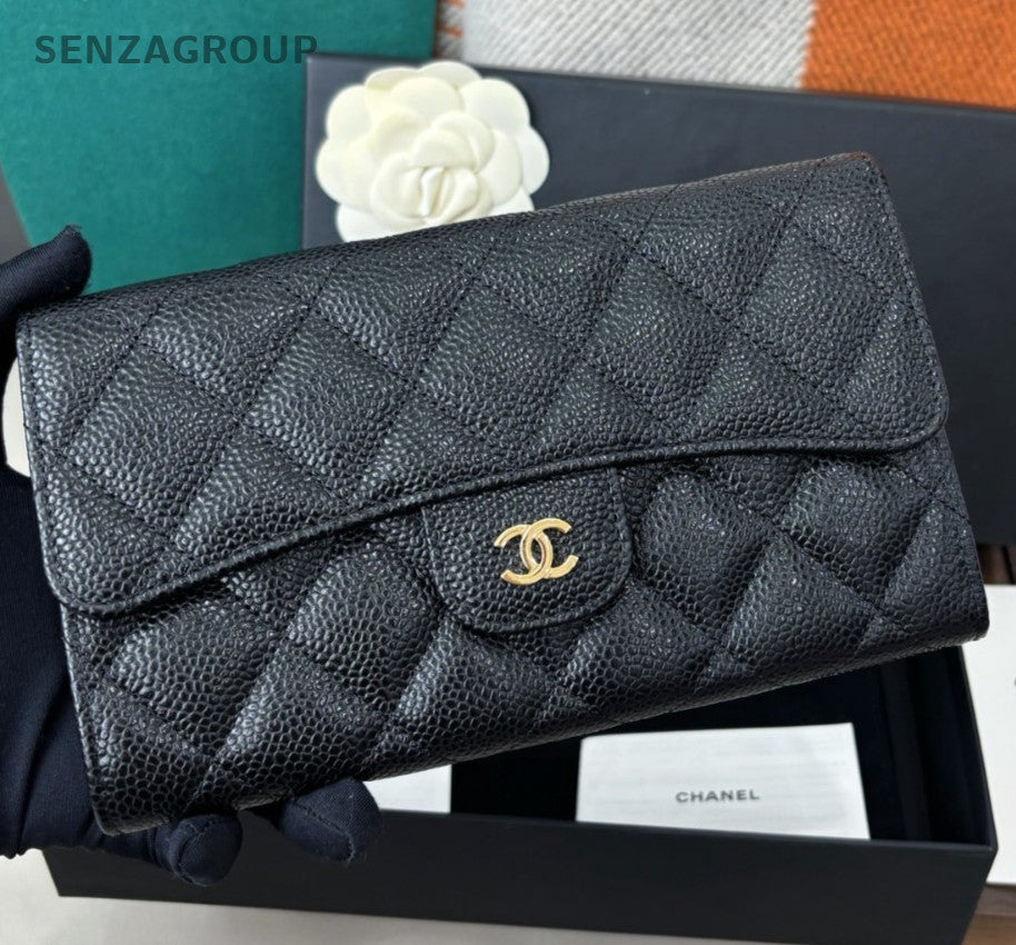 Chanel Classic Flap Long Wallet Clutch Diamond Women Black Gold Fashion