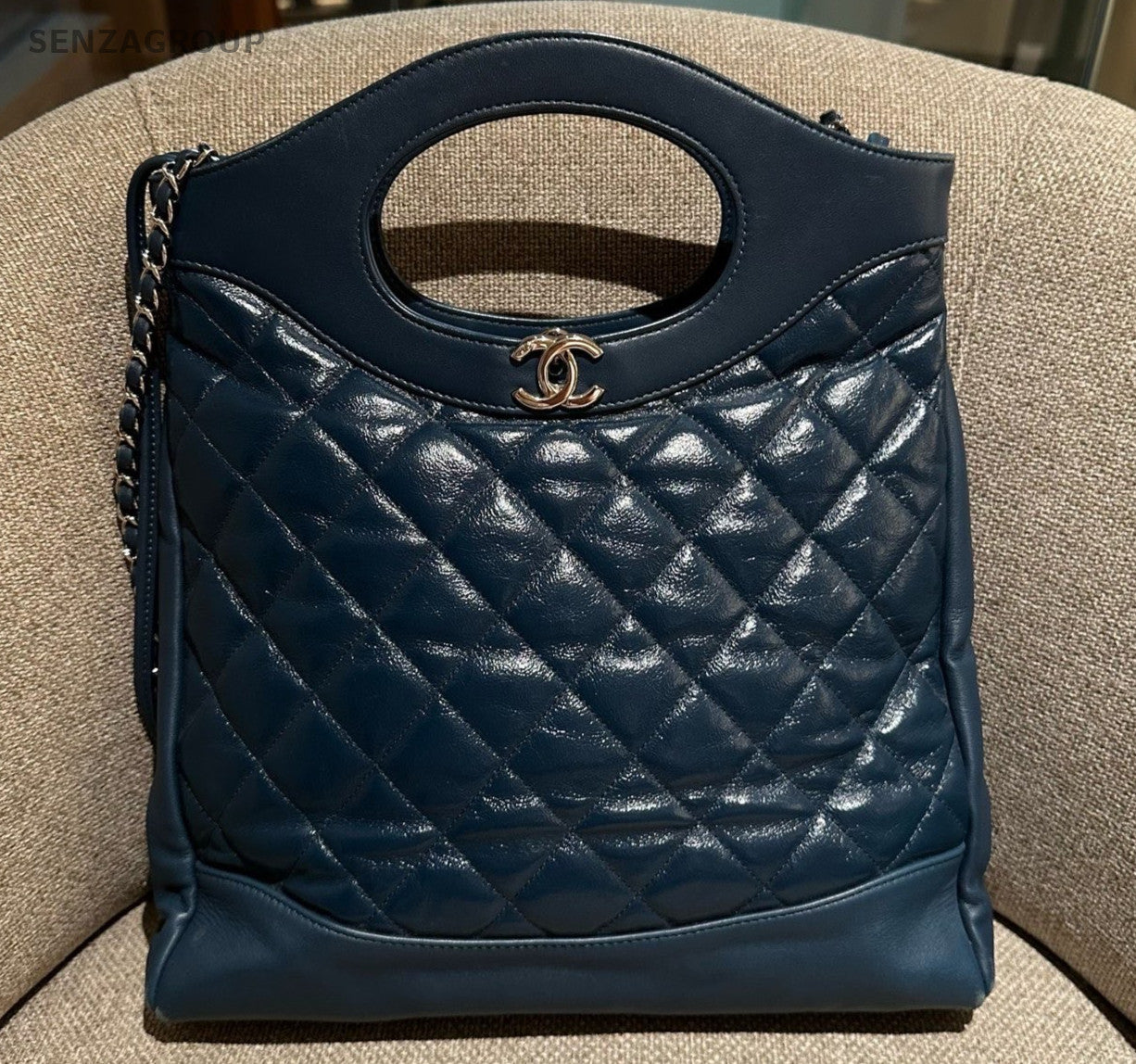 Chanel 31Bag MM Lambskin Blue Silver Diamond Top Handle Bag Chain Crossbody
