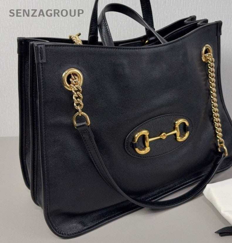 Gucci Tote Chain Handbag Shoulder Bag Black Gold Women Classic Fashion