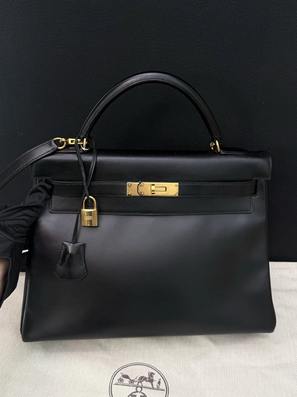 Hermes Kelly32 Box Top Handle Bag Crossbody Women Black Gold Classic Fashion