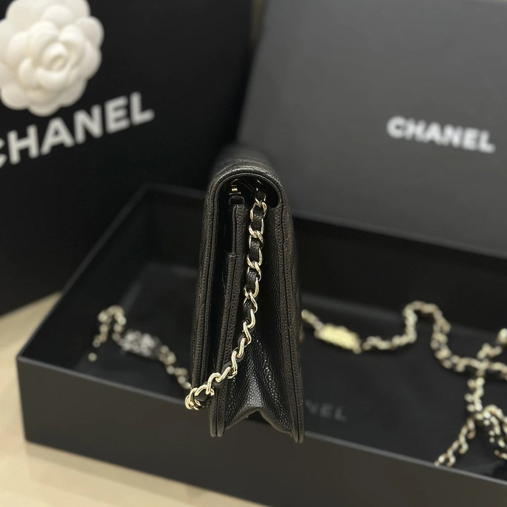 Chanel Black Leather Gold Chain WOC Crossbody Bag For Women