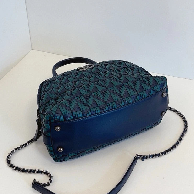 Chanel Bolide PM Calfskin Top Handle Crossbody Green Navy Silver Women Classic