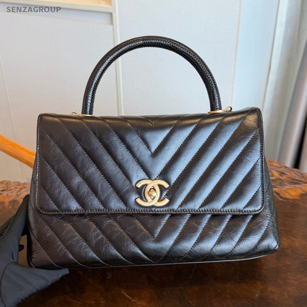 Chanel Cocohandle MM Calfskin Top Handle Bag Chain Crossbody Black Gold Women