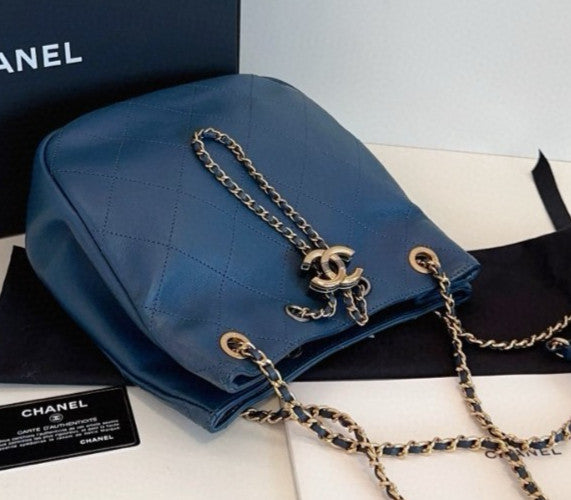 Chanel Calfskin Diamond Chain Shoulder Bag Blue Gold Used Women Classic Fashion