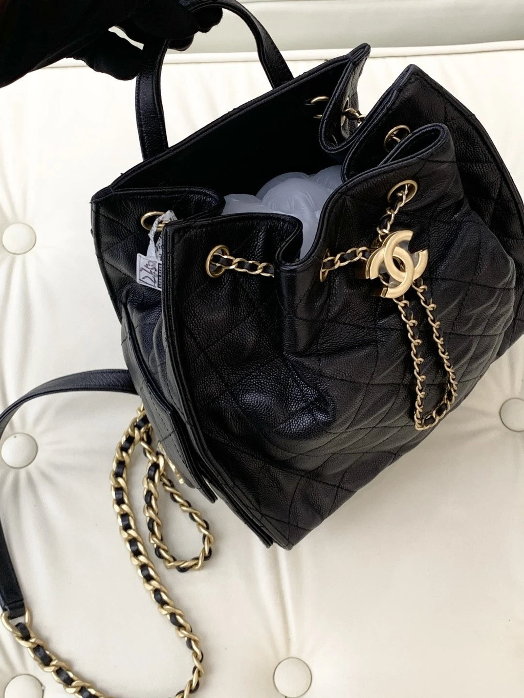 Chanel Calfskin Backpack PM Diamond Chain Top Handle Bag Black Gold Women S