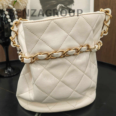 Chanel Coin Bucket Quilted Chain Shoulder Bag in White Gold