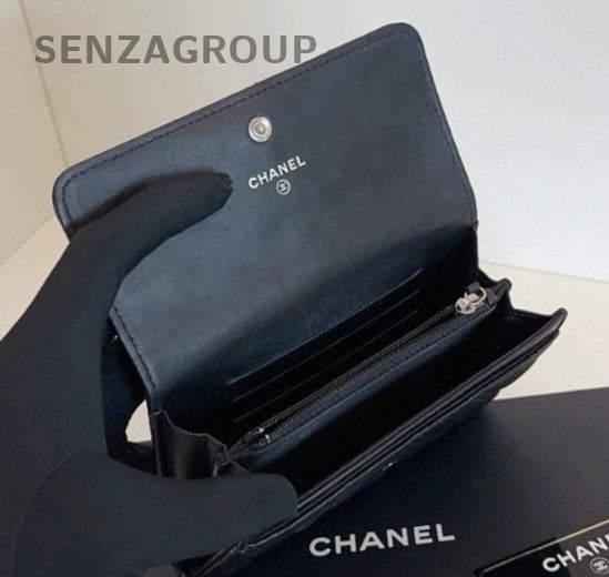 Chanel Diamond Wallet Black Silver Used Women Classic