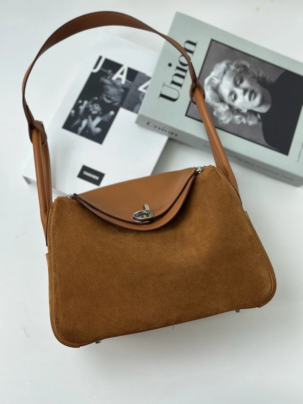 Excellent Condition Hermes Lindy26 Suede Brown Handbag Shoulder Bag Silver