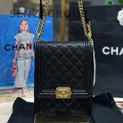 Chanel Le Boy Vertical Black Gold Chain Quilted Shoulder Crossbody Bag