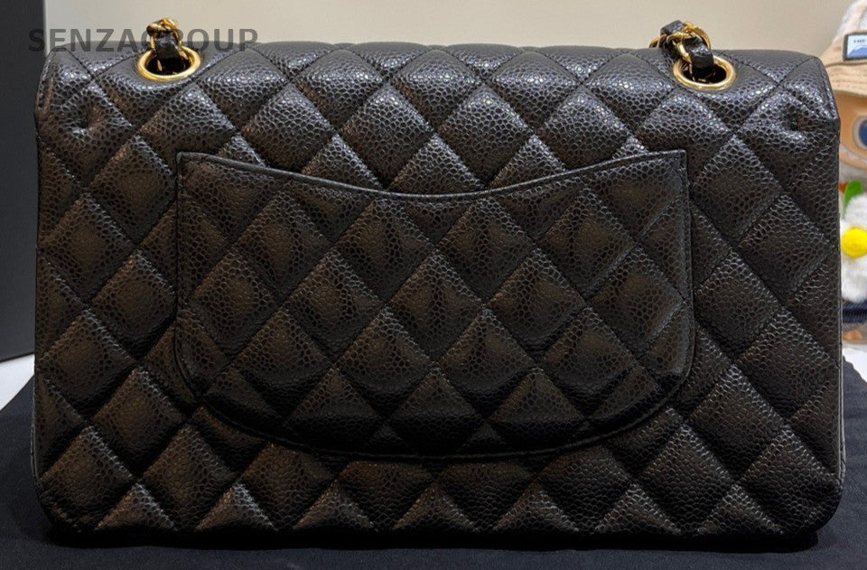 Chanel Classic Flap Calfskin MM Chain Shoulder Bag Black Gold Women Designer